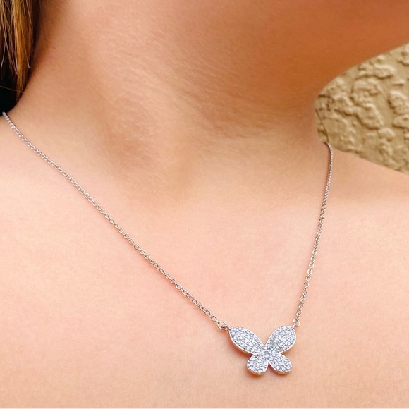 Dainty Silver Necklace, Silver Butterfly Necklace,  CZ Butterfly Necklace, - Picture 2 of 7